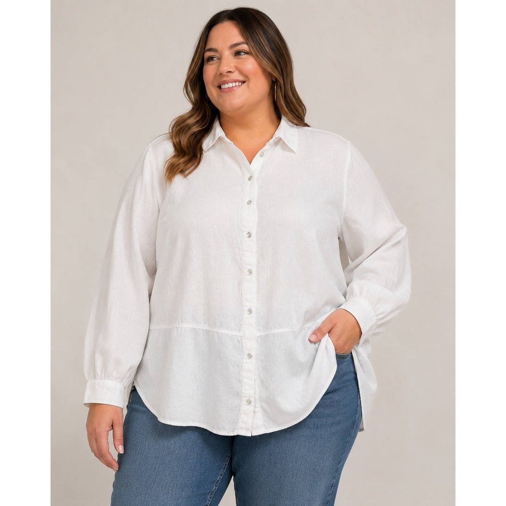 Tahari Womens 1X White 100% Linen Button Down Roll Tab Sleeve‎ Tunic Shirt Top
